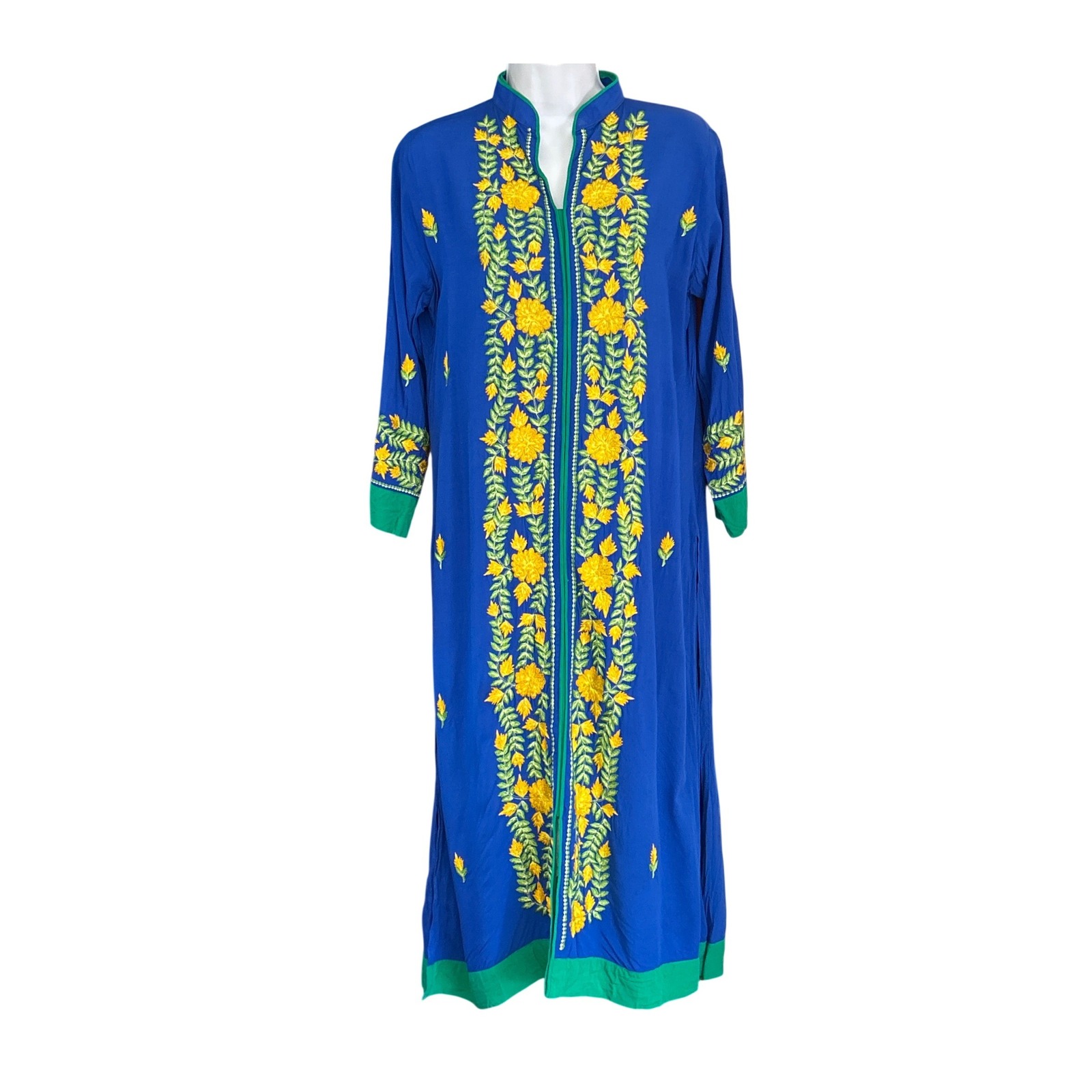 Vintage Kaftan Dress Embroidered Floral Bohemian Blue Ethnic Folk Colorful Kurta